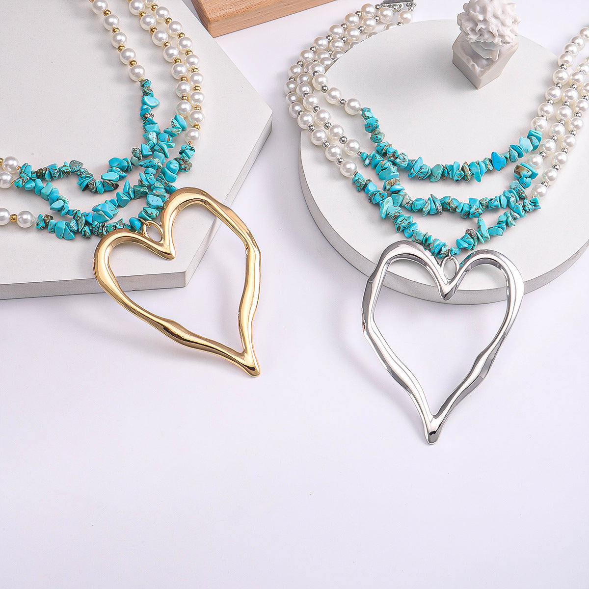 Wholesale Creative Exaggerated Love Pendant Necklace Multi Layered Turquoise Imitation Pearl Splice Necklace